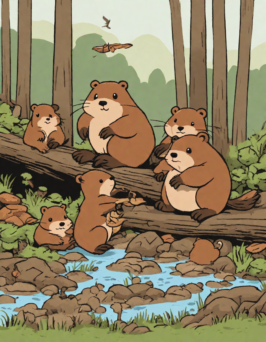 beaver family building a lodge on a coloring page set in a serene woodland by a stream in color