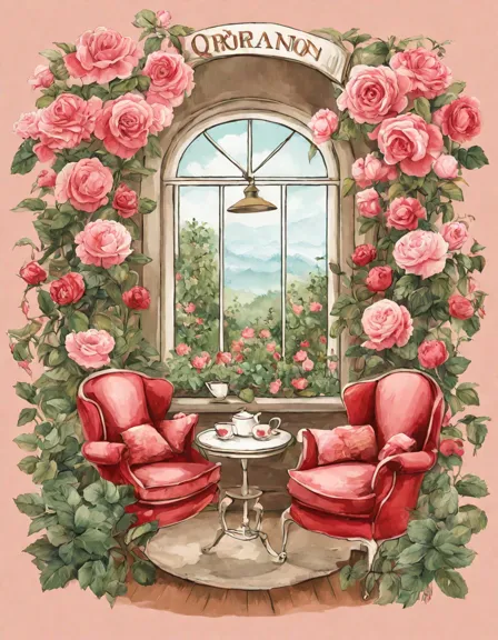 Coloring book image of charming tea shop nestled amidst blooming roses, offering tranquility and escape in color