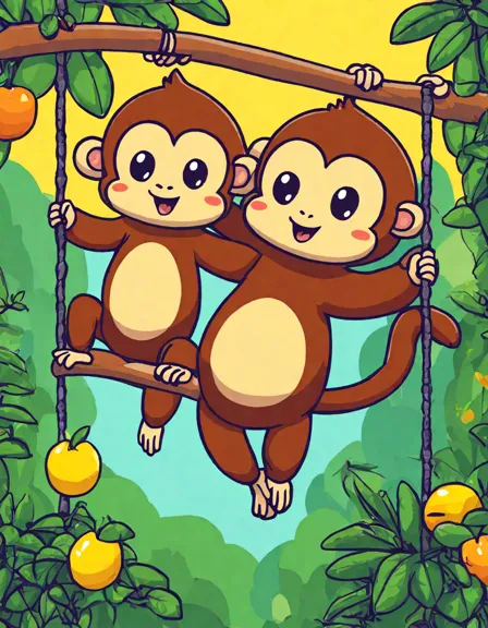 monkey mischief among the trees coloring page featuring playful monkeys in a vibrant jungle scene in color