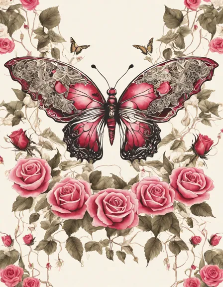 enchanting coloring page featuring delicate butterflies fluttering among vibrant roses in a secret garden sanctuary in color