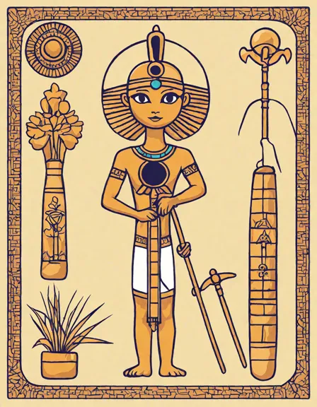 coloring book page featuring ancient egyptian symbols like the eye of horus and ankh, with lotus and papyrus illustrations in color