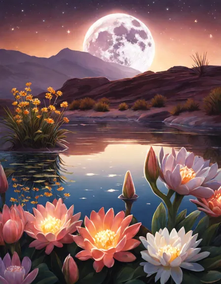 Coloring book image of celestial desert oasis blooms under a full moon, with vibrant flowers, crystal-clear waters, and distant wildlife in color