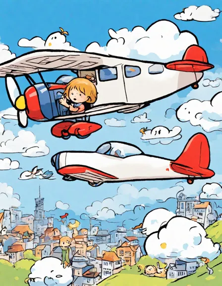 coloring book page of a child's first flight, looking through an airplane window at clouds and the world below in color