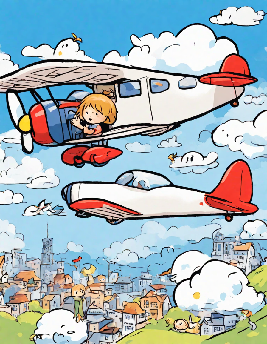 coloring book page of a child's first flight, looking through an airplane window at clouds and the world below in color