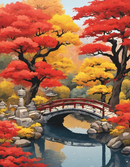autumn-themed japanese garden coloring page with maple trees, gingko trees, and a tranquil pond in color