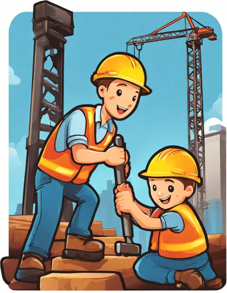 coloring page featuring a pile driver at a construction site with workers and cranes in color