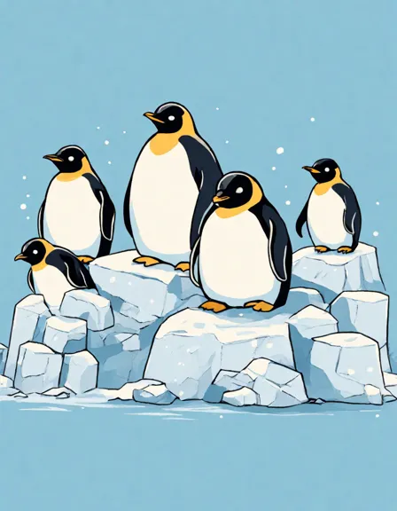 enchanted coloring page of an emperor penguin colony in an icy wilderness glacier in color