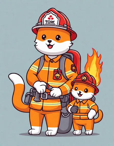 Coloring book image of firefighters rescuing pets from a fire, with a firefighter holding a kitten and another saving a puppy in color