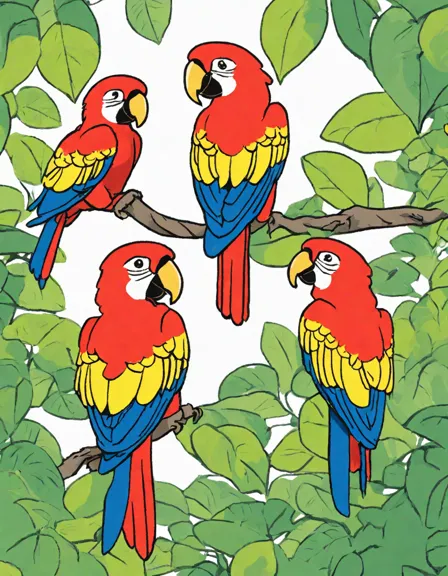 coloring book page featuring scarlet macaws, blue-and-gold macaws, and green parakeets in a tropical rainforest in color