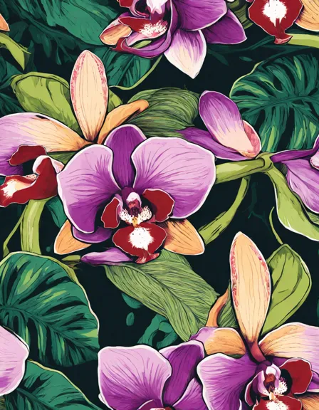 exotic orchids of the deep jungle coloring page featuring vibrant, intricate orchids amidst lush foliage and vines in color