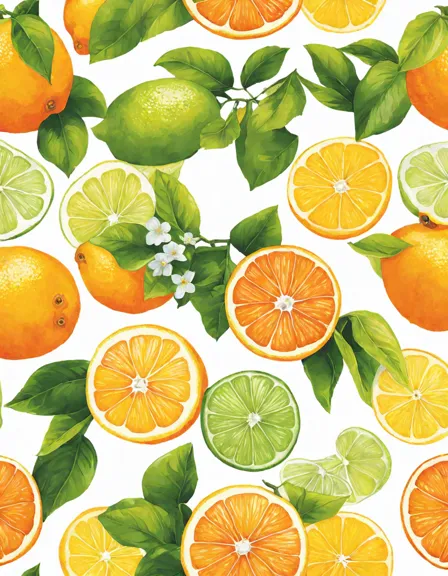 coloring book page with detailed lemons, limes, and oranges among leaves and blossoms in color