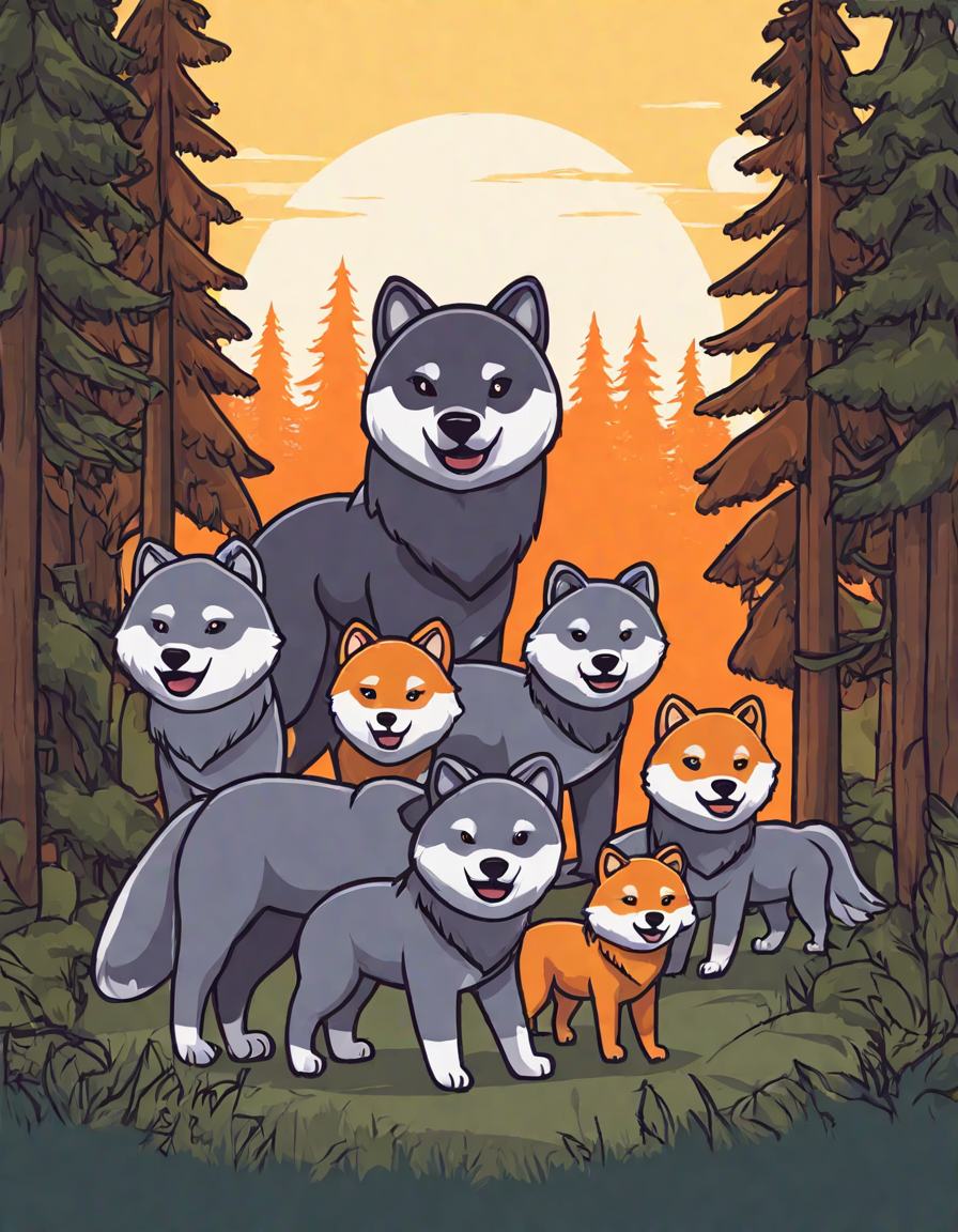 coloring book image of wolf pack in forest with alpha leading, cubs playing, inviting coloring in color