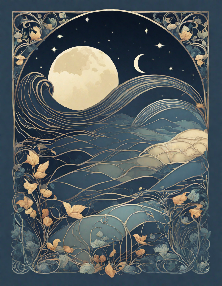 art nouveau coloring book page with intricate moonlit scenes, flowing curves, and enchanting details in color