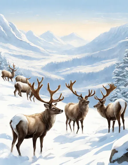 Coloring book image of graceful reindeer herd migrating across vast, snow-covered arctic landscapes in color