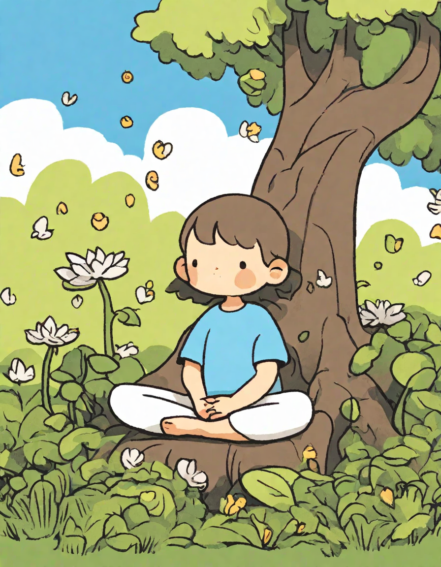 Coloring book image of tranquil meditation under ancient tree with lush grass and flowers, ideal for colorists seeking relaxation and peace in color