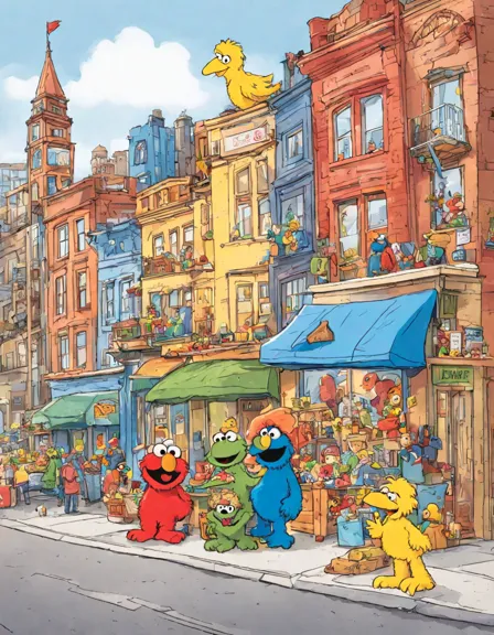 sesame street coloring book page featuring elmo, zoe, big bird, grover, and the iconic neighborhood in color