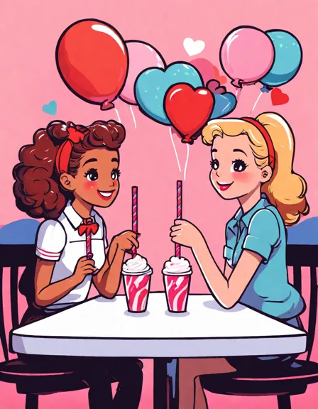characters sharing a milkshake in a romantic, detail-rich diner coloring scene in color