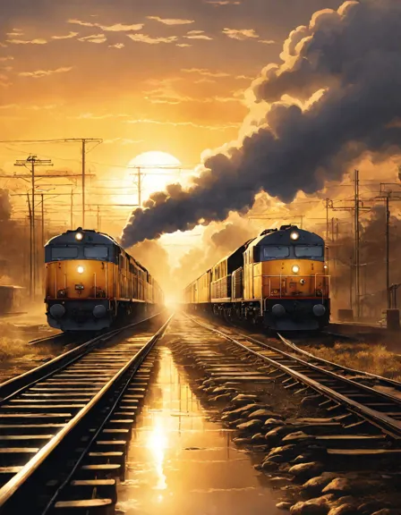 coloring book image of train yard at dawn with steam and reflective puddles in color