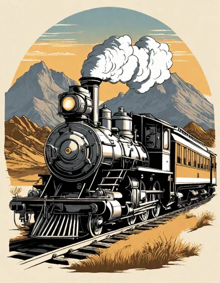historic transcontinental railroad coloring page featuring a steam-powered train and landscapes in color