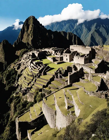 inca civilization: machu picchu coloring page featuring ancient city ruins, terraced fields, andean peaks, and vibrant flora. ideal for history and nature enthusiasts in color