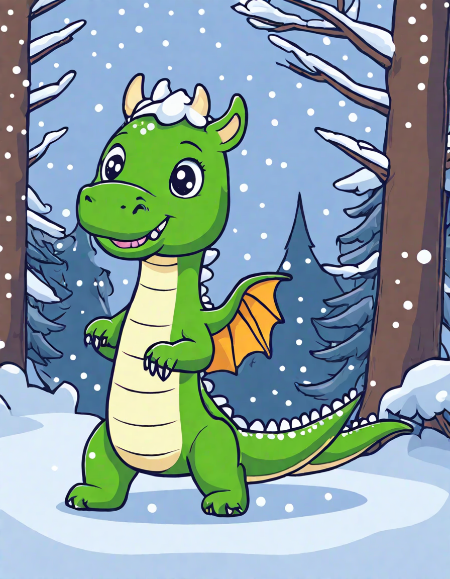 young dragon experiencing its first snowfall in a cozy forest glade coloring page in color