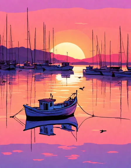 Coloring book image of sunset painting sky in orange, pink, and purple as fishing boats return to harbor in color