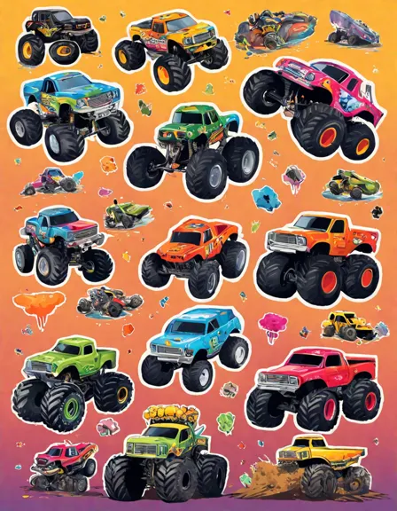 coloring page of monster trucks racing in a mud arena with fans cheering in color