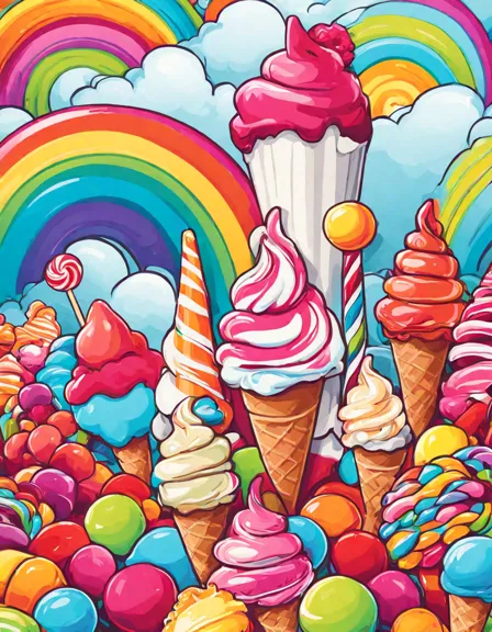 candy treats explosion in candyland extravaganza coloring page: ice cream, lollipops, and candies in vibrant colors in color