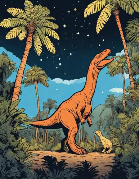 coloring book page featuring dinosaurs watching a meteor shower in a prehistoric landscape in color