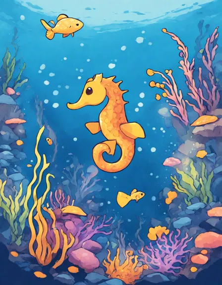 Coloring book image of seahorses and marine life in the colorful seahorse haven underwater oasis in color