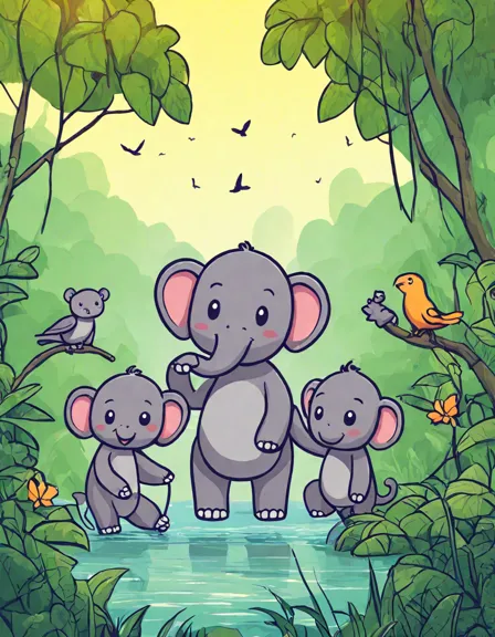 Coloring book image of family of elephants bathing in a jungle river with sunlight filtering through the canopy in color