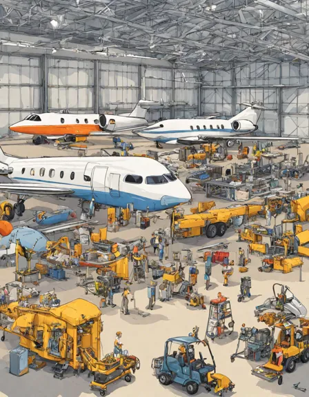 coloring page of airport hangar with mechanics working on various airplanes in color