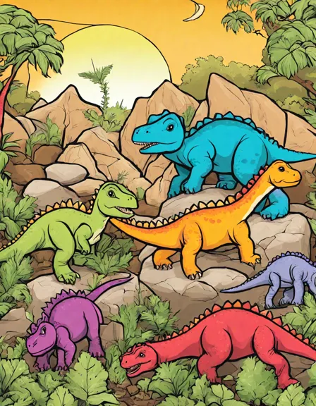 baby dinosaurs play in a prehistoric garden coloring book scene in color