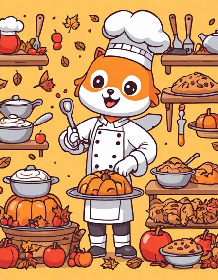 Coloring book image of young chefs baking thanksgiving desserts in a cozy kitchen filled with pies and cookies in color