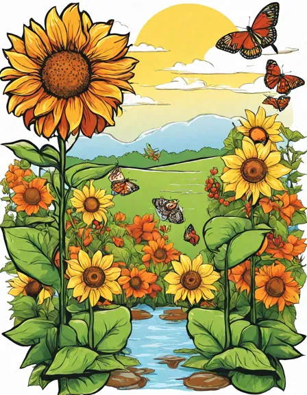 coloring book page of students gardening together, with sunflowers, tomato plants, and a pond in color