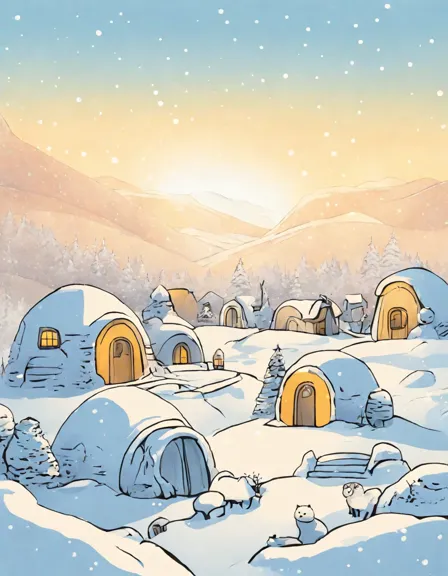 coloring book page of igloo village under arctic dawn in color