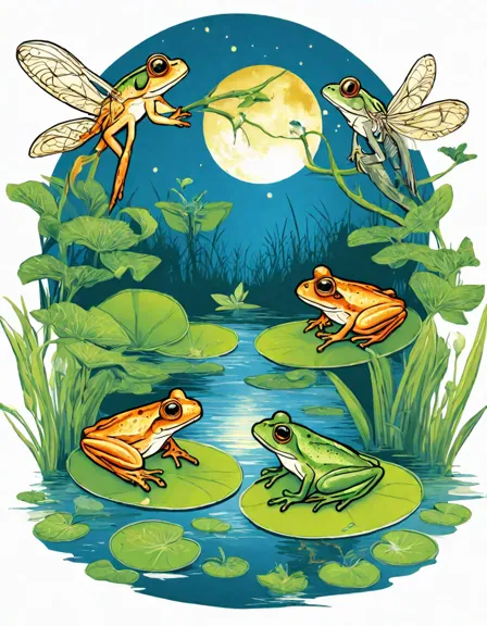 Coloring book image of frog families and tadpoles gather by a pond under the moonlight, preparing for a night chorus in color