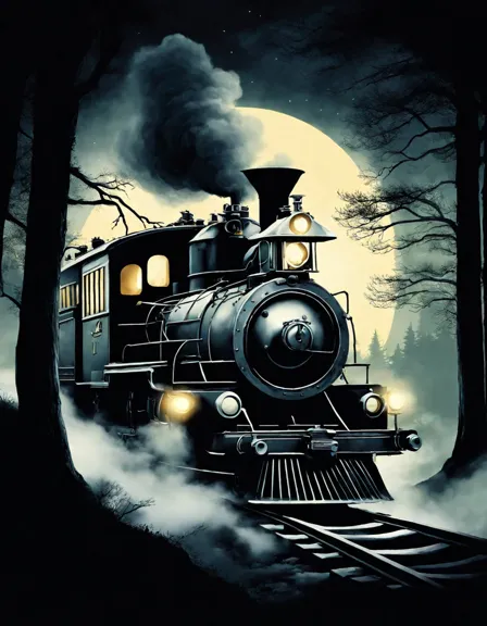 ghost train emerging from forest coloring page with adventurers under a moonlit sky in color
