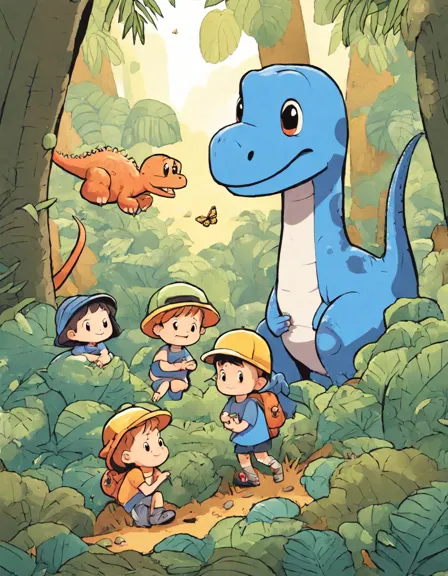 Coloring book image of children discover dinosaur eggs in a jungle with a brachiosaurus watching in color