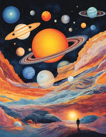 Coloring book image of illustration of space explorers navigating storms on jupiter and saturn's rings in voyage to the outer planets book in color