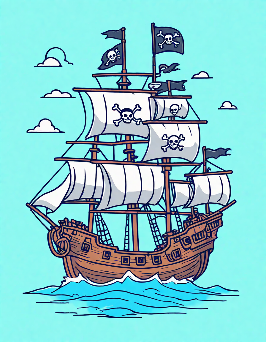 detailed pirate ship coloring page with jolly roger flag and hidden treasures in color