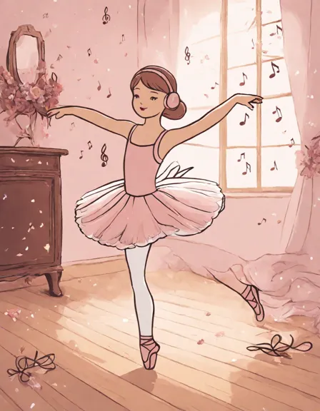 coloring page featuring pointe shoes, stardust trail, and ballet symbols on a wooden floor in color