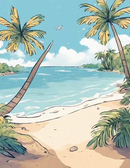 coloring book page of a tranquil tropical beach with palm trees and clear ocean waters in color