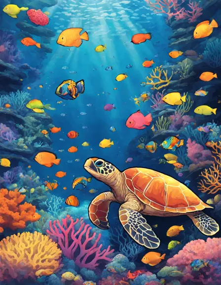coloring page of great barrier reef with vibrant corals, playful fish, and a tranquil turtle, perfect for ocean lovers in color
