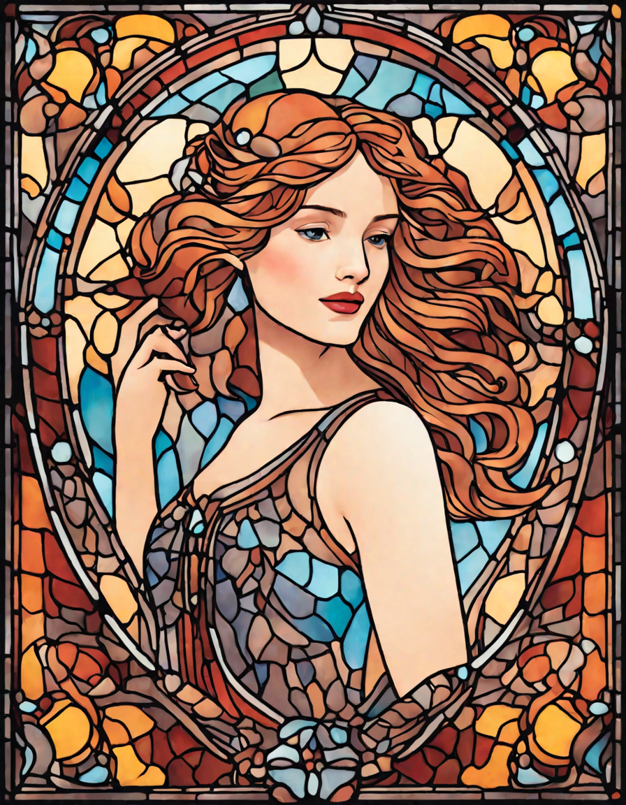 art nouveau stained glass wonders coloring page: intricate, vibrant, art nouveau-era stained glass designs for creative serenity and inspiration in color