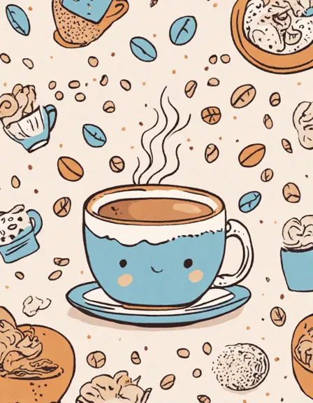 coloring book page of a steaming coffee cup and cozy café ambiance, capturing the aromatic embrace of coffee culture in color