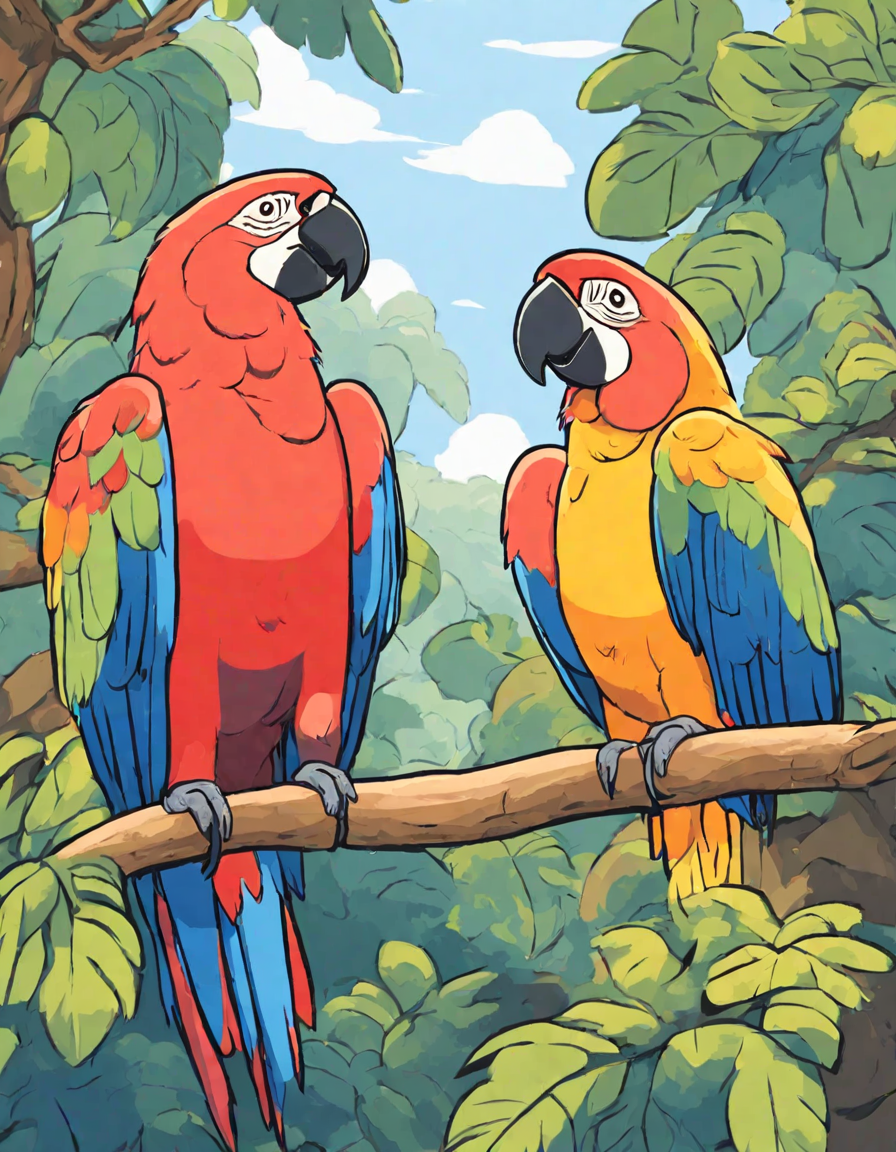 Coloring book image of colorful parrots in animated conversation atop a tree in a vibrant zoo scene in color
