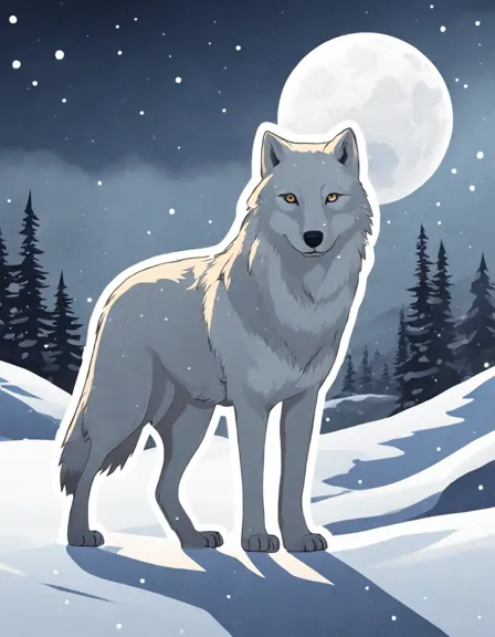 Coloring book image of haunting wolf standing in a winter wonderland with swirling snowflakes, piercing gaze fixed on the moon, howling at the desolate landscape, capturing the essence of the arctic wilderness in color