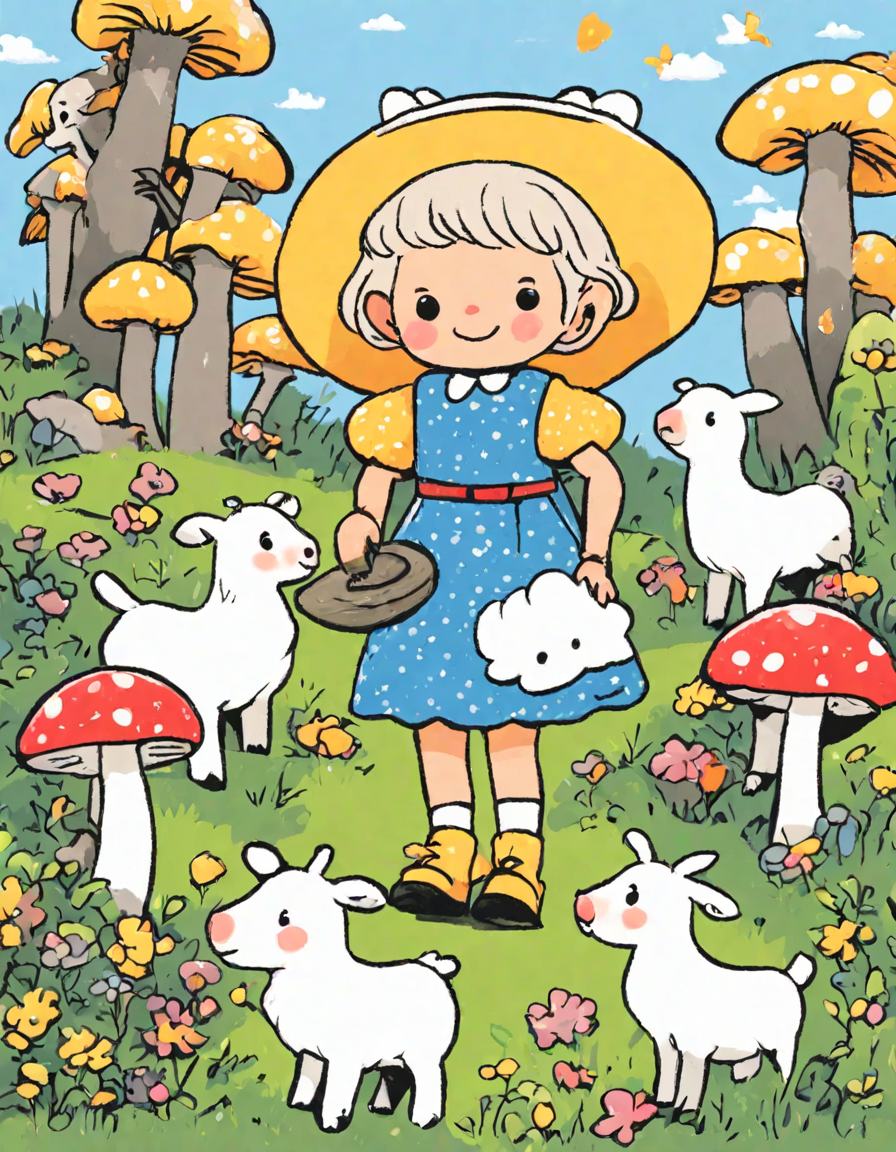 little bo peep searches for sheep in a whimsical meadow coloring page with flowers and mushrooms in color