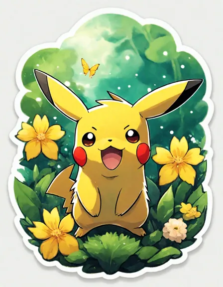 pikachu charges through a verdant meadow amidst flowers and butterflies, electrifying the surroundings in a vibrant coloring book image in color